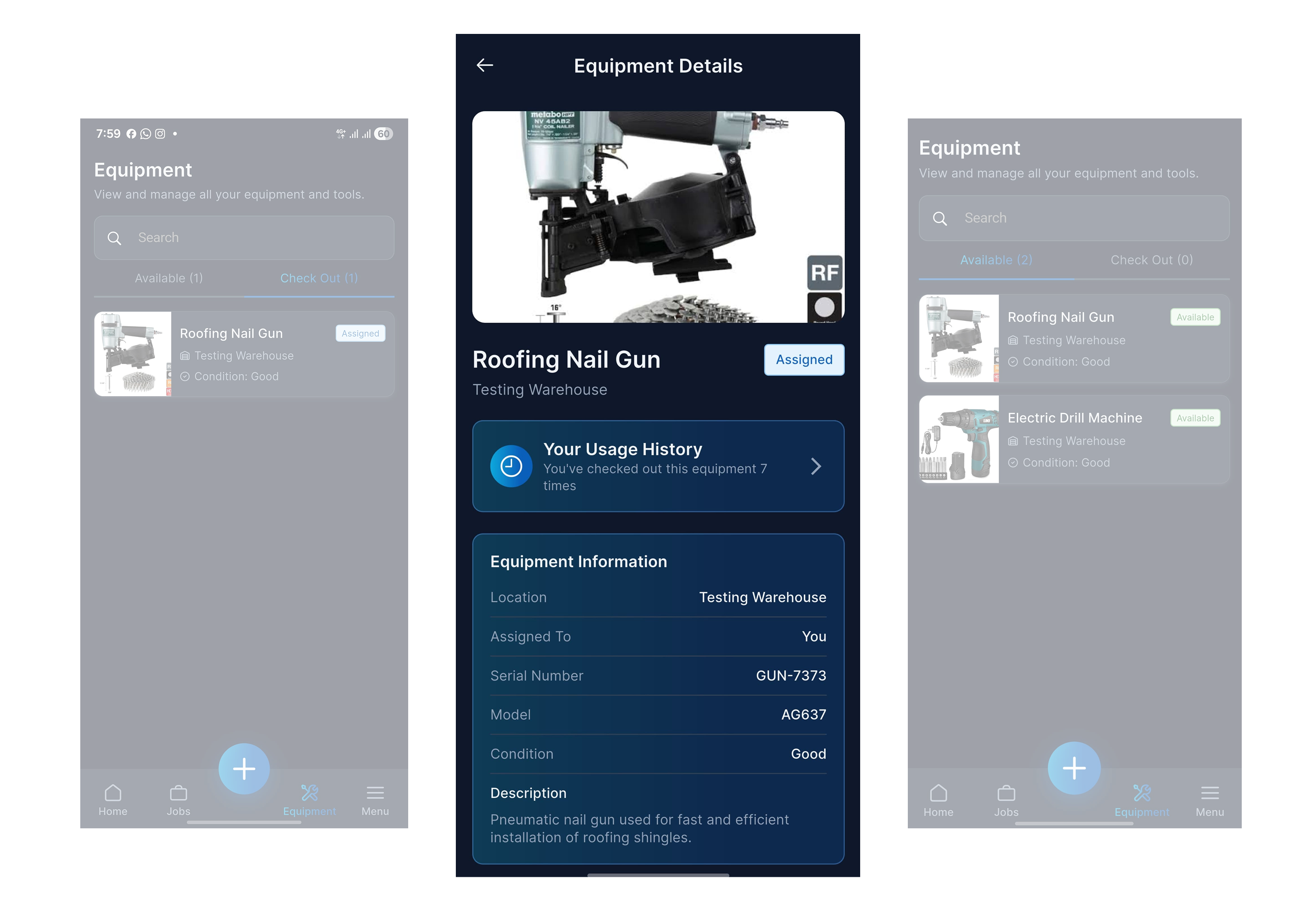 Dashboard UI showing Job Costing Breakdown, User Activity Report, and Material List